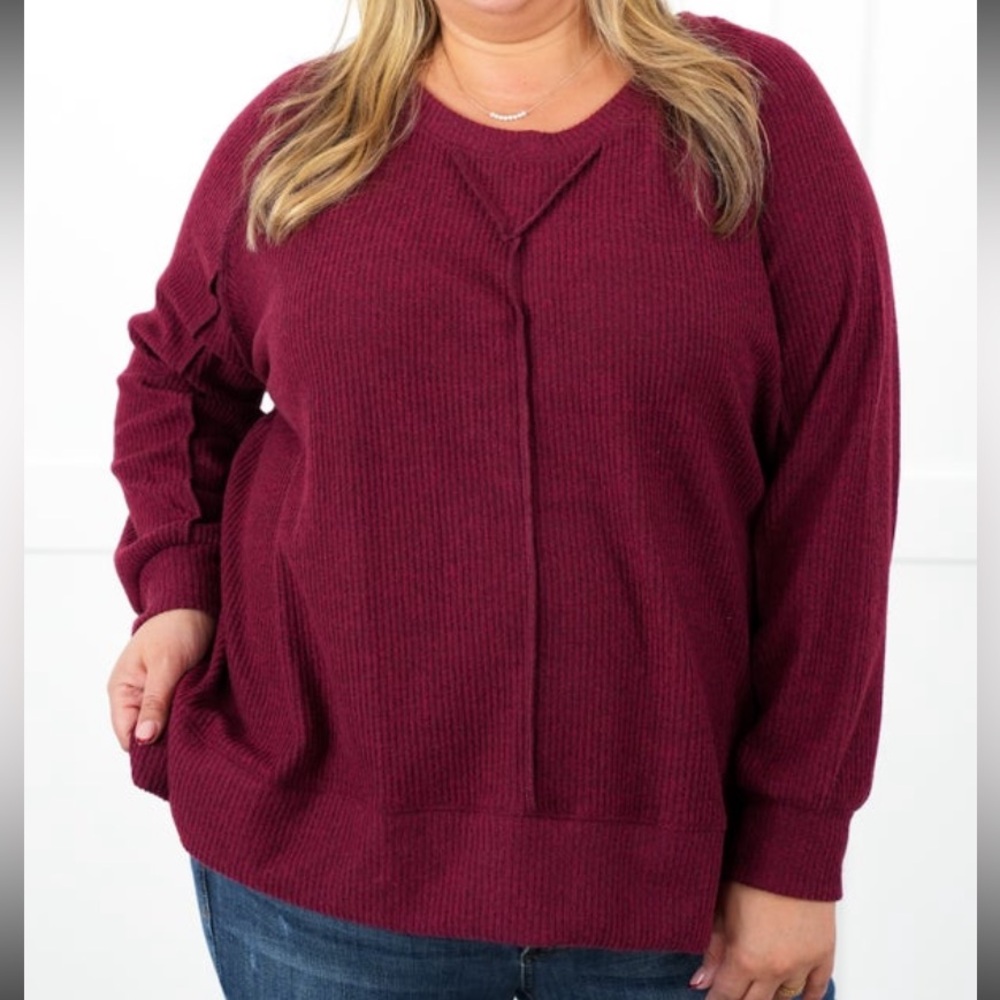 Plus Size Ribbed Knit Long Sleeve Top with Reverse Seam Detail 1X